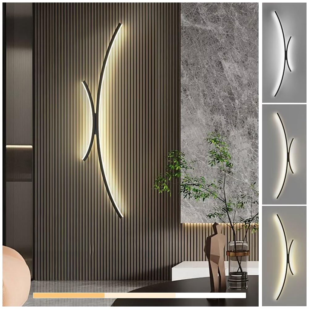 SMCCYYSD Curved Black LED Wall Lights - Modern Sconce Arc Lamp 35W 3 Color Change Minimalist Mount Light Fixture 3000K 4000K 6500K Aluminum Long for Living Room Bedroom, 120CM