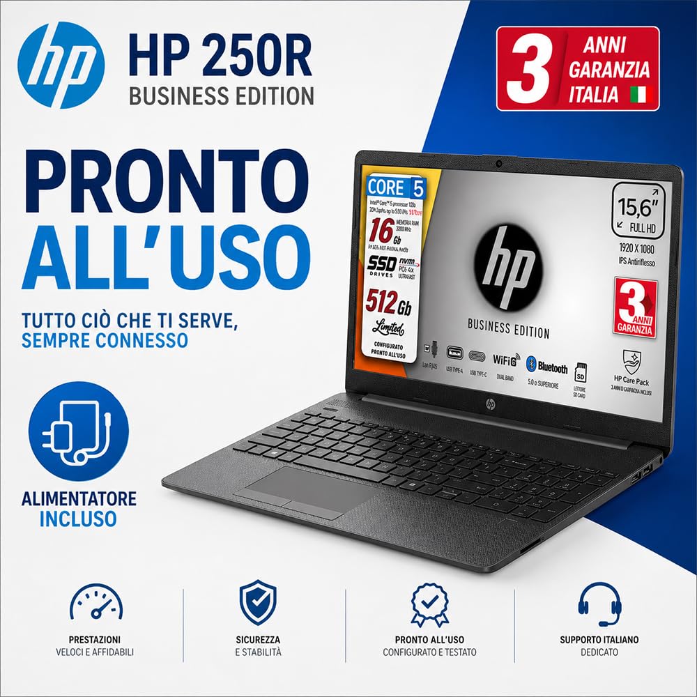 HP 250, PC Portatile, Intel Core 5-120U 13th 10Core, fino a 5 GHz, RAM 16Gb, SSD 512Gb, Display 15.6" IPS FHD, Wi-Fi 6, BT, WebCam, HDMI, LanRj45, Display port, Pronto all'Uso, 3 Anni di garanzia