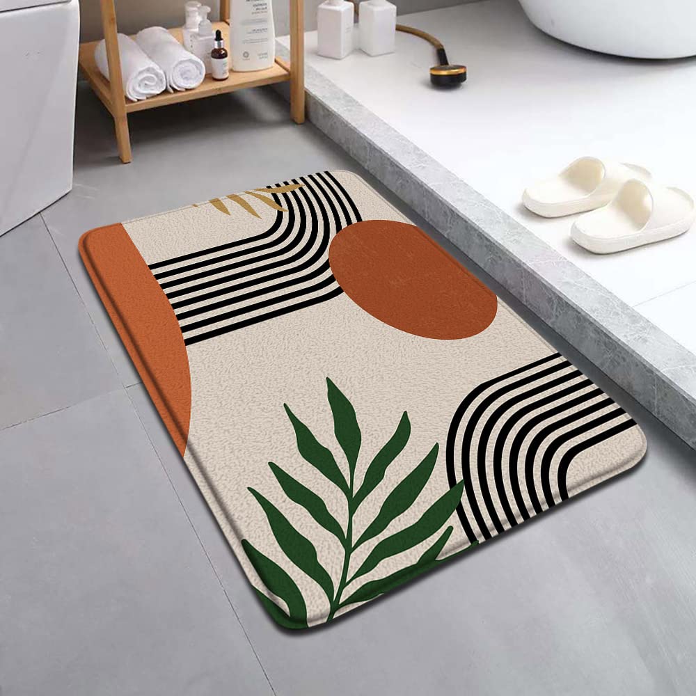 Mid Century Bath Rug Abstract Boho Geometric Line Arch Palm Tree Leaves Minimalism Pattern Non-Slip Mat Bathroom Doorway Decor Carpet 15.7 x 23.6 Inch