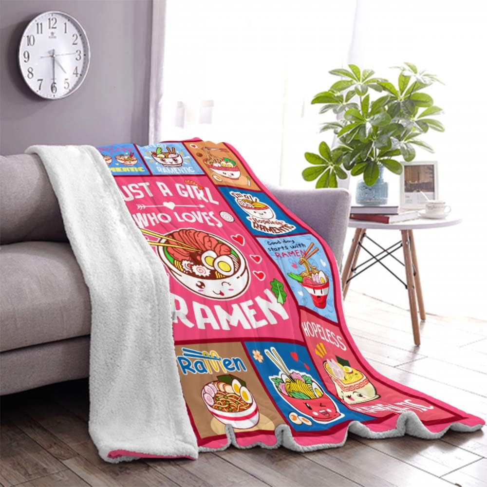 Ramen Throw Blanket Just A Girl Who Loves Ramen Blanket Ramen Soup Throw Blanket Ramen Boba Blanket Gift for Girls Loves Noodles Super Soft Lightweight Blankets 50" x 60"