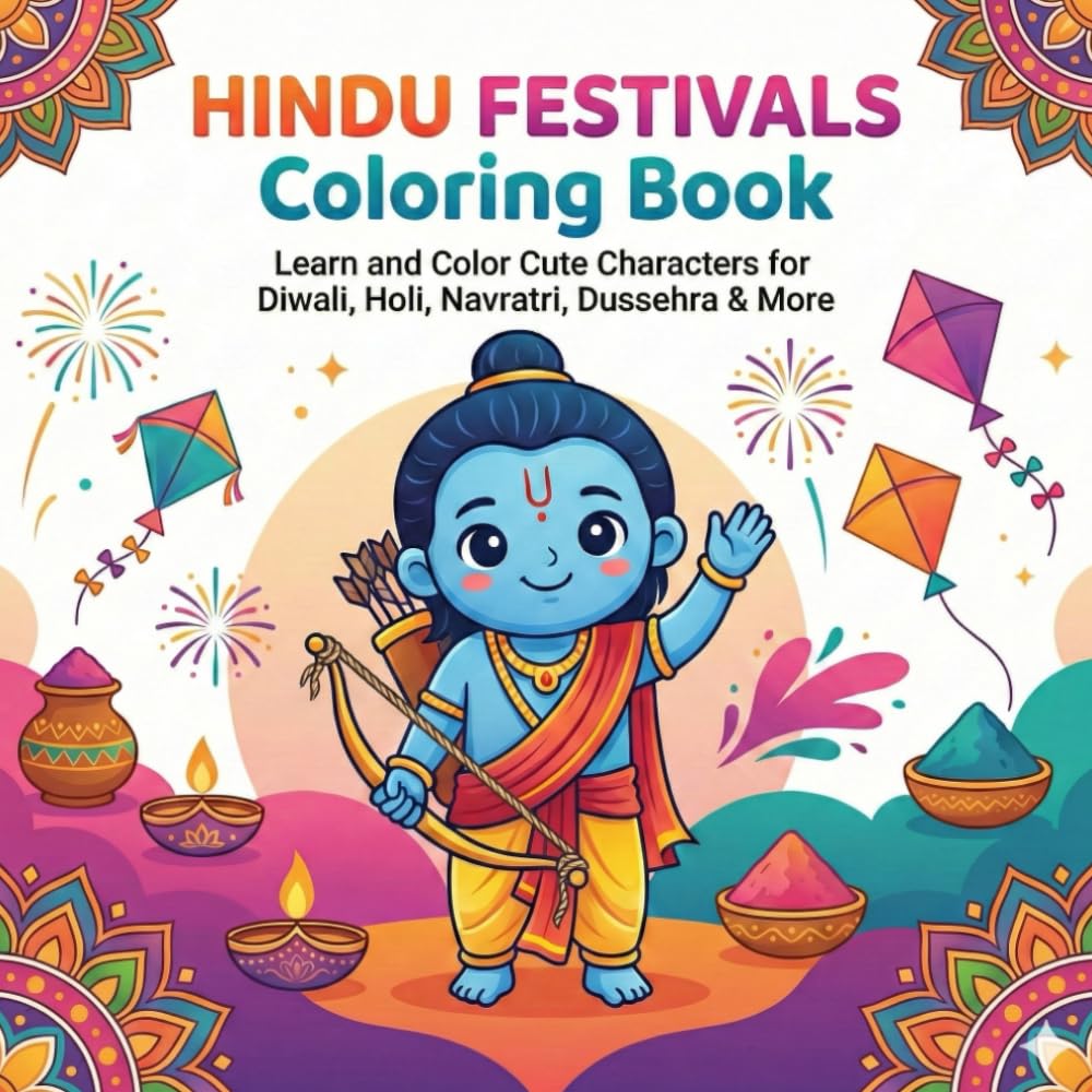 Hindu Festivals Coloring Book for Children & Adults: Learn and Color Cute Characters for Diwali, Holi, Navratri, Dussehra & More