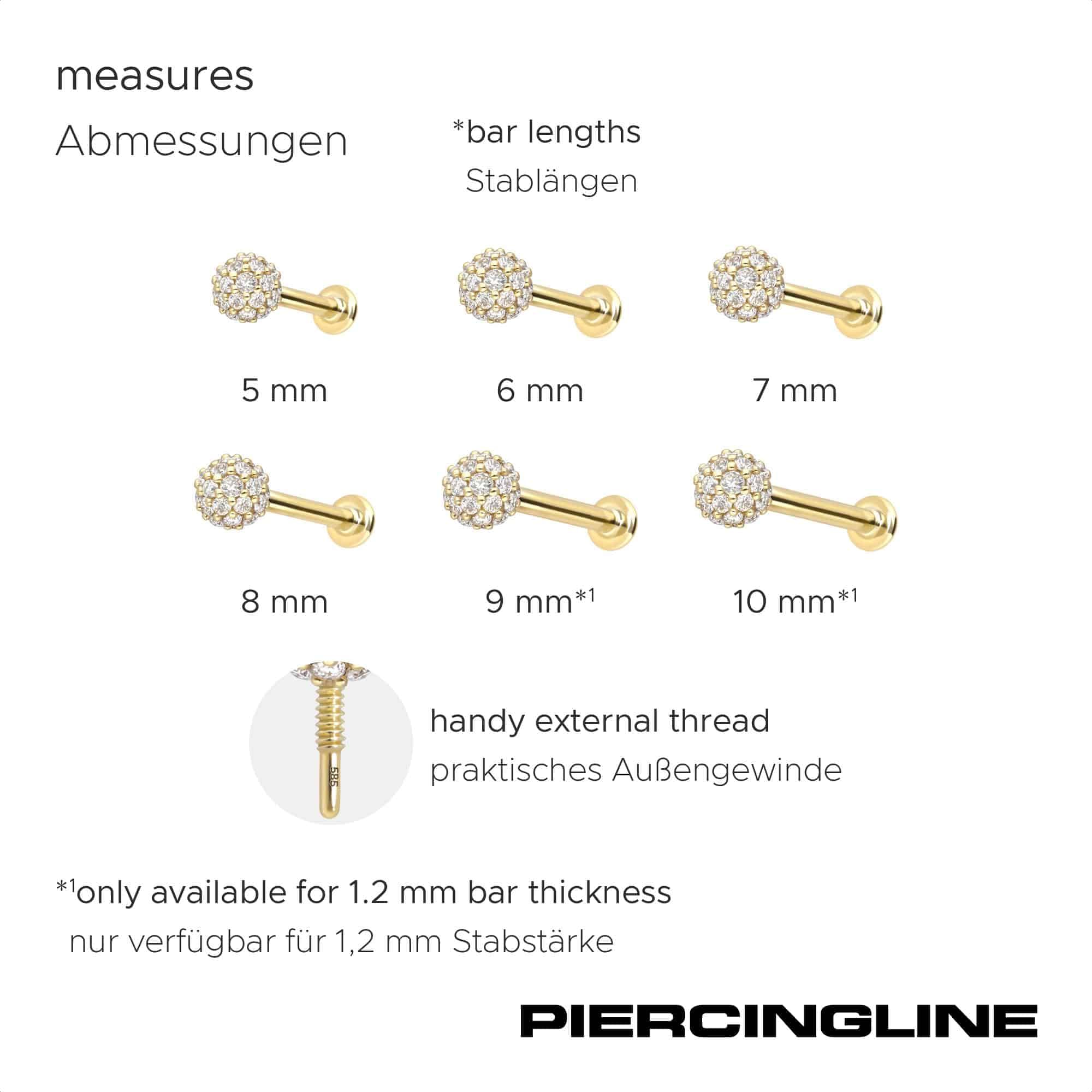 PIERCINGLINE Piercing Stecker 14 Gold Labret mit Innengewinde MULTI-MOISSANIT 585er Gold - Roségoldfarben, Goldfarben, Silberfarben