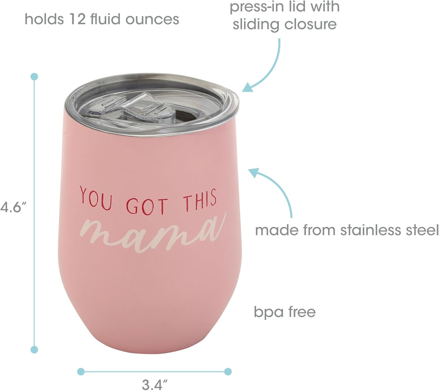 Pearhead You Got This Mama Stainless Steel Wine Tumbler with Press-In and Slide Locking Lid, Cute Motherhood Stemless Wine Glass Tumbler Mug, Mother's Day Gifts, 12oz - Image 2