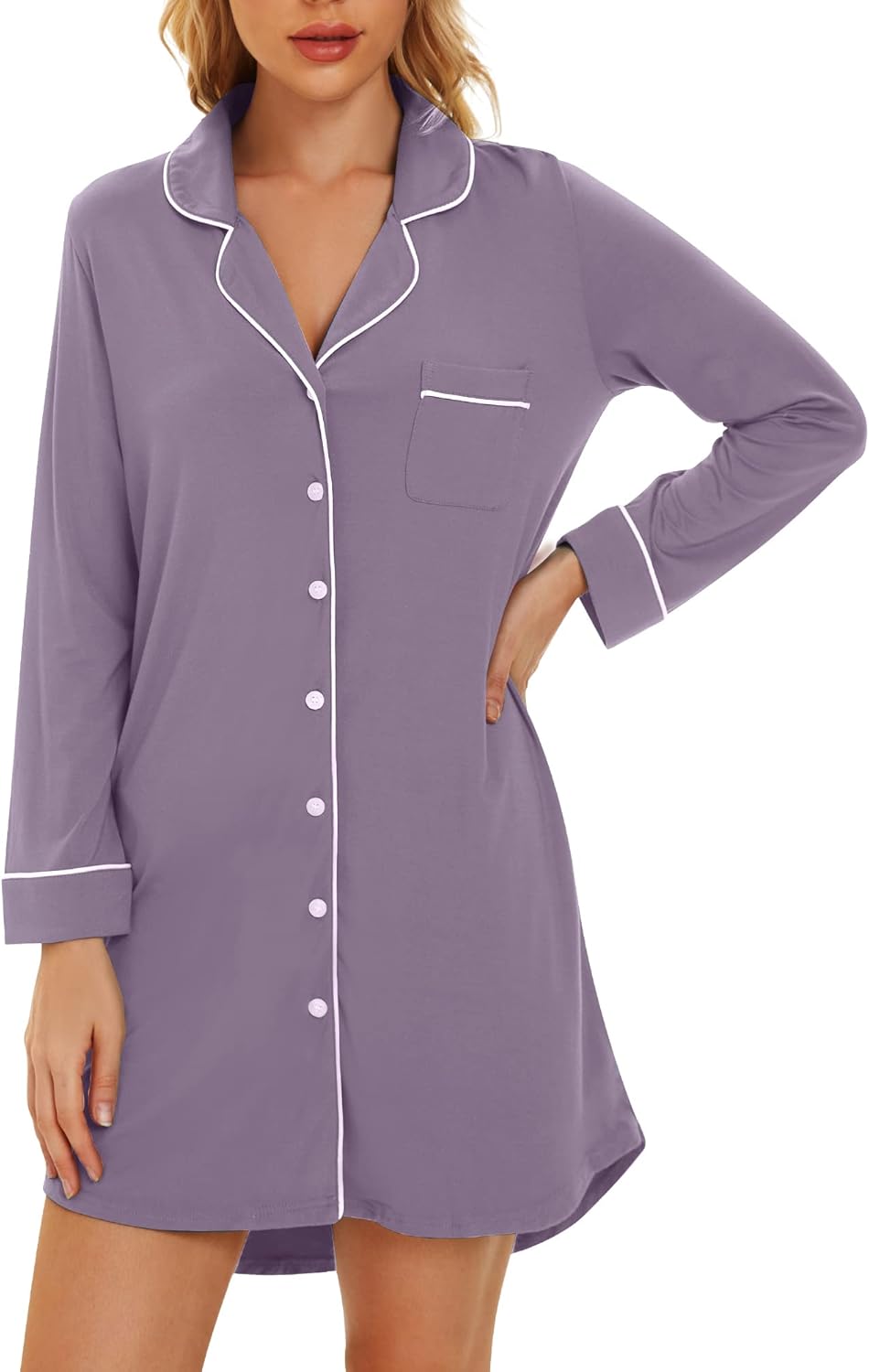 WiWi Super Soft Cooling Nightgowns for Women Bamboo Viscose Long Sleeve Sleep Shirt Button Down Boyfriend Sleepwear S-XXL - Image 3