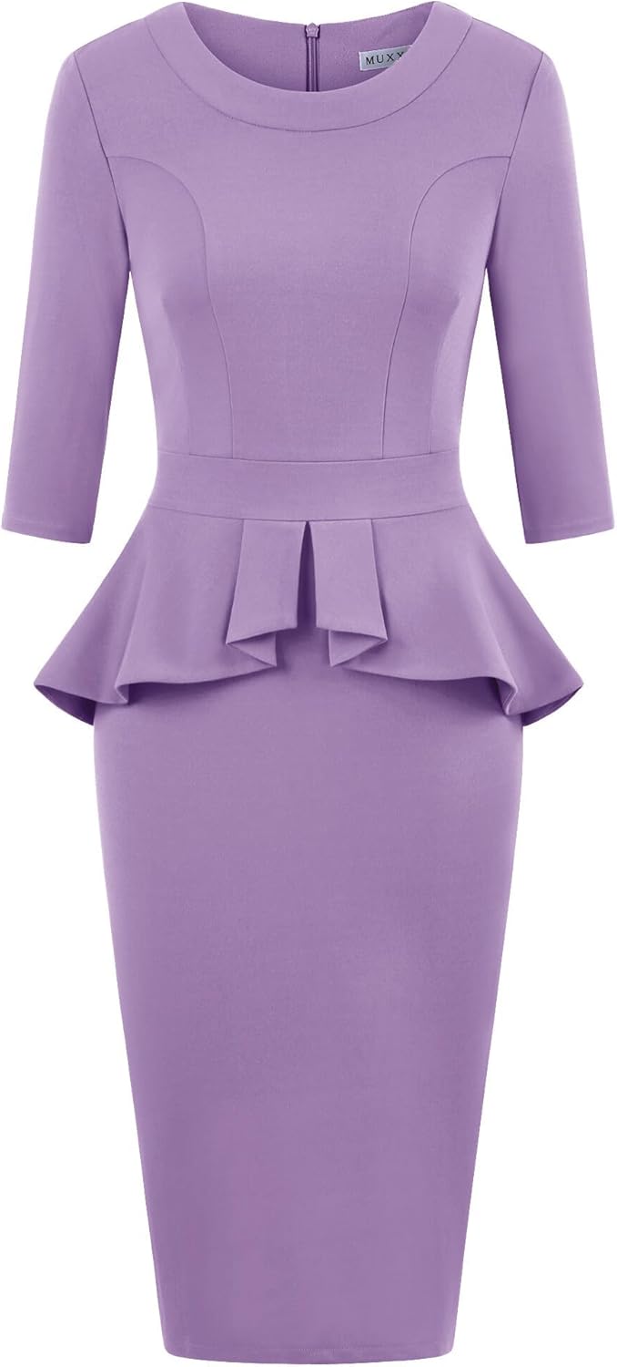 MUXXN Women's 1950s Vintage 3/4 Sleeves Ruffles Bodycon Flattering Casual Formal Pencil Dress