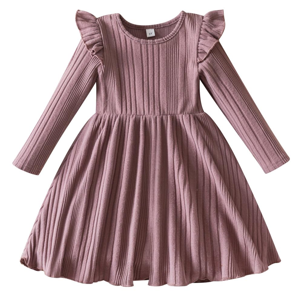 IBAKOM Vestido de otoño para niñas y niñas, de manga larga, con volantes, de punto acanalado, elegante, vestido de princesa, vestido de fiesta de Navidad, trajes de invierno
