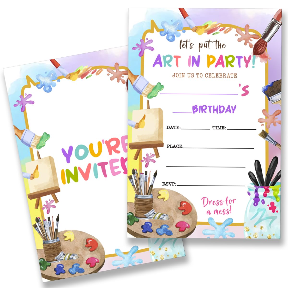 QZJ Art Painting Birthday Party Invitations Supplies with Envelopes Set of 20 Paint Themed Birthday Invites for Girls Fill in Blank, Double Sided