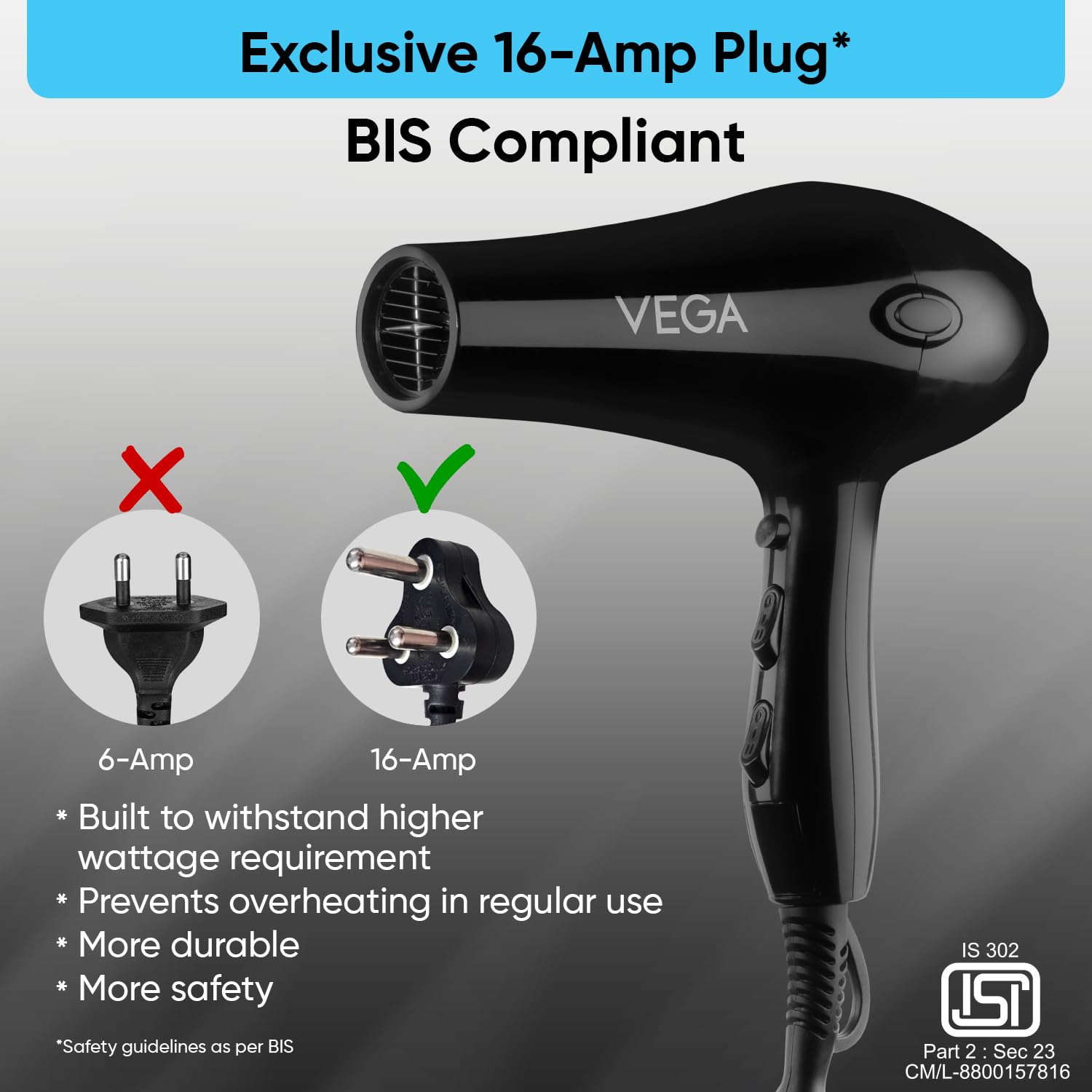 Vega VHDP-02 Professional Hair Dryer For Women & Men- (Pro Touch 1800-2000W) Cool Shot Button, 2 Heat/2 Speed Settings & 2 Detachable Nozzles|Black|2000 Watt 3