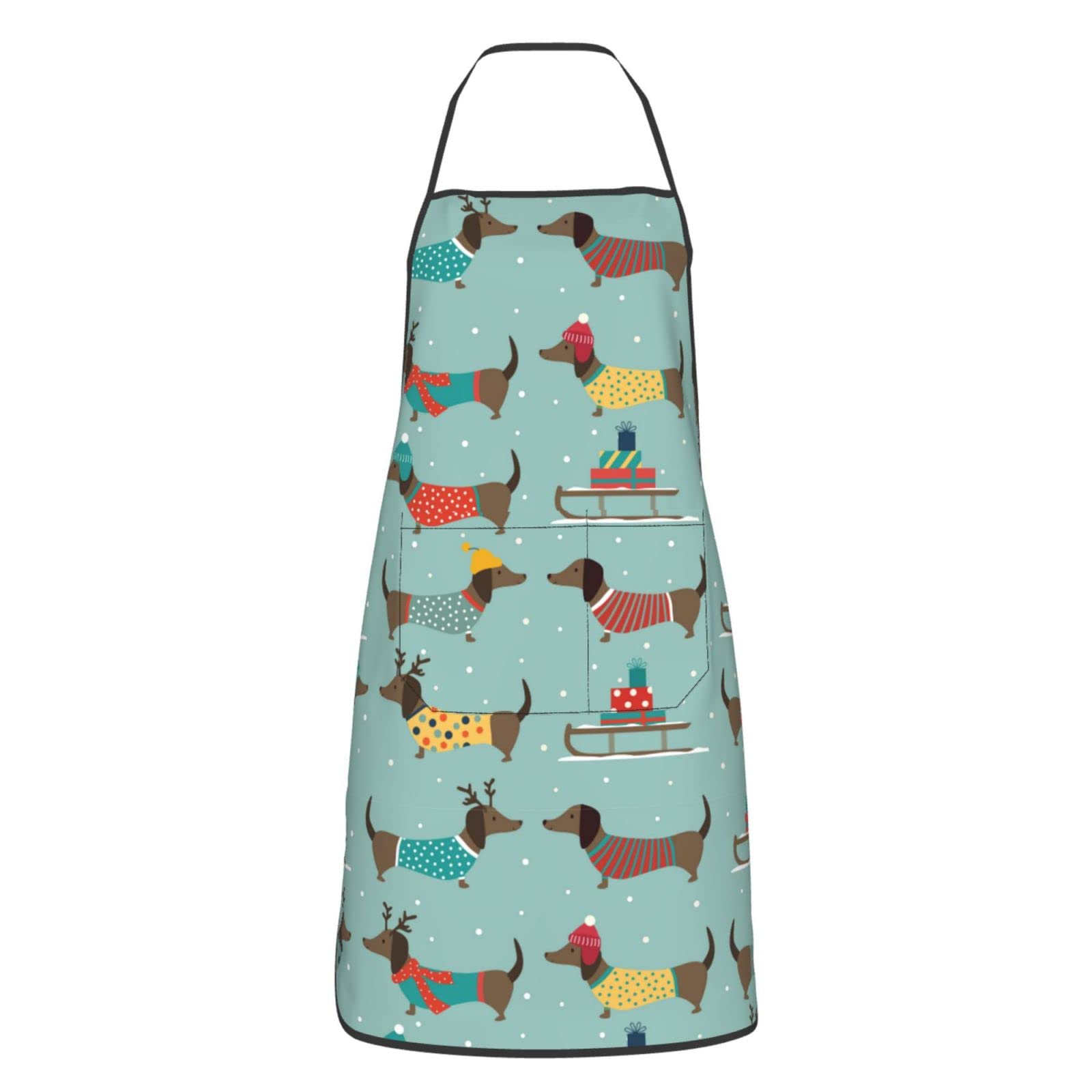 FaCaiYa Christmas Dachshunds Aprons Kitchen Chef Waterproof Adjustable Funny Apron For Bbq With Pockets For Men Women