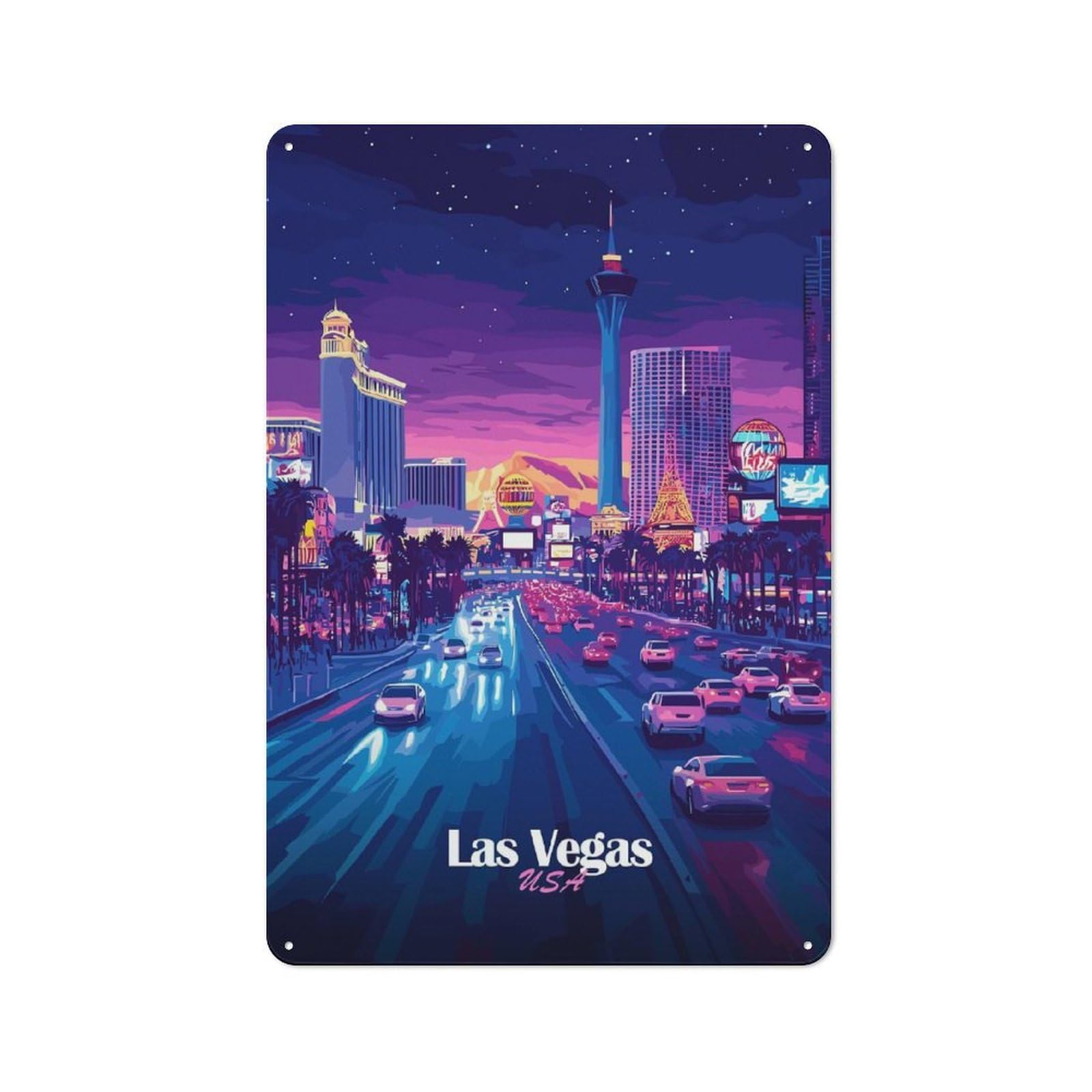 Junmoney Style-18 Understated Las Vegas Skyline Night Metal Wall Plaque 30X20cm, Creative Space Decor For Office, Study, Studio Or Hallway