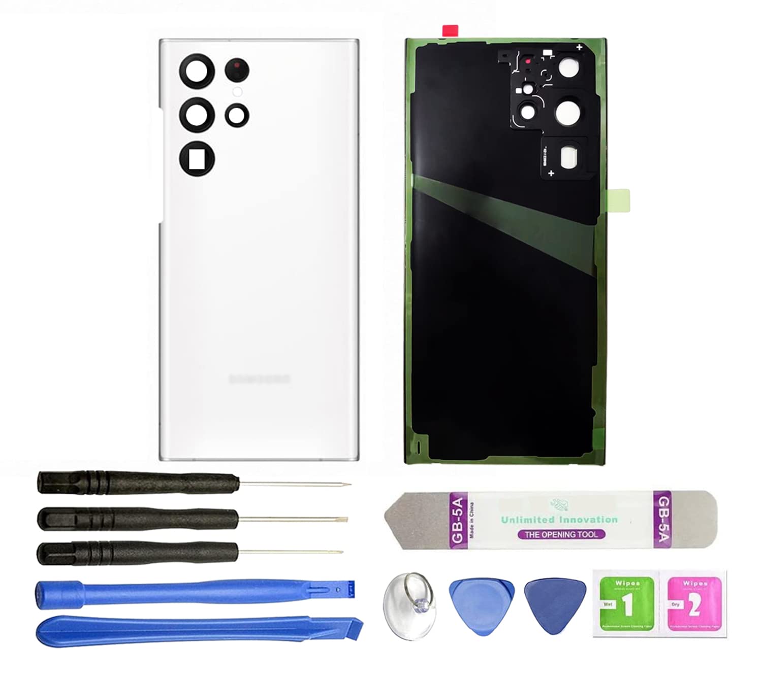 R RONPHONE for Samsung Galaxy S22 Ultra Replacement Back Glass Panel Case + Pre-Installed Camera Lens + All The Adhesive + Repair Tool Kit for Samsung Galaxy S22 Ultra All Carriers (White)