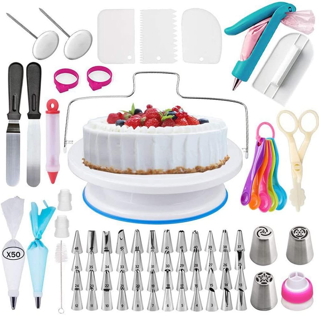 122Pcs Cake Decorating Supplies Kit with Turntable Stand Frosting Bags Tools Measure Spoons Icing Cake Leveler Scraper
