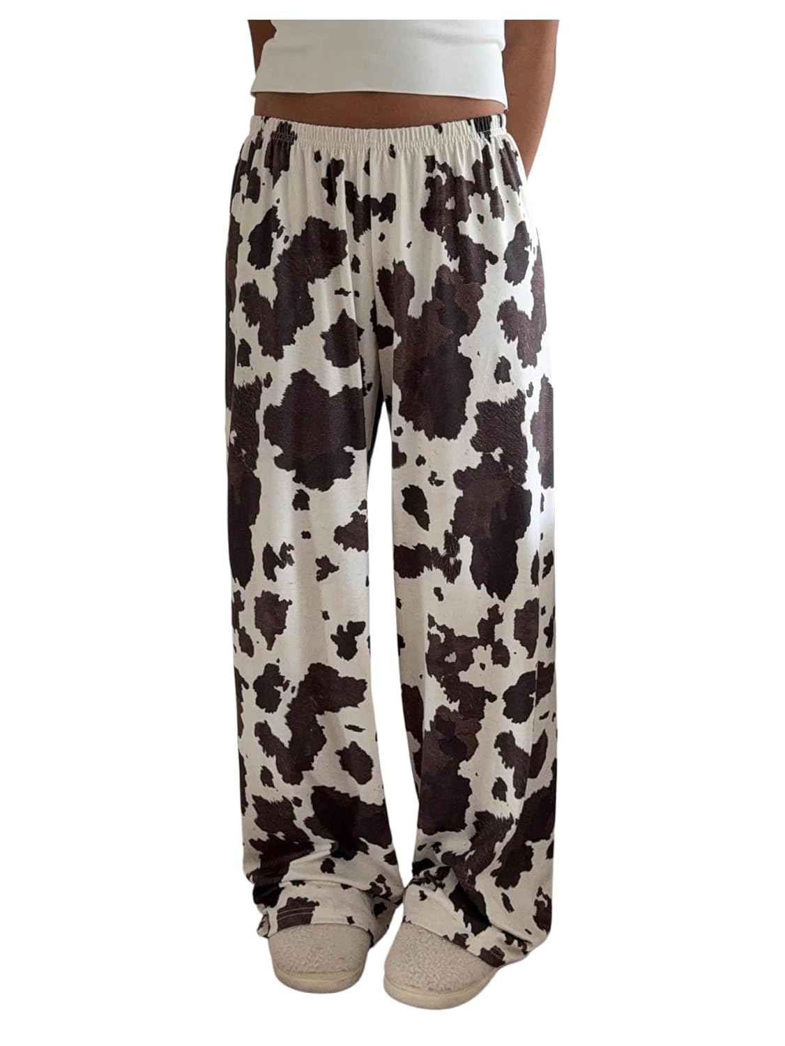Womens High Waisted Wide Leg Pants Casual Cow Graphic Baggy Pajama Pants Trousers