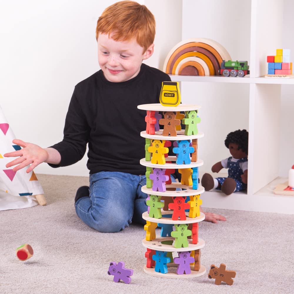 Bigjigs Toys Teddy Tumbling Tower Game - 49pc Tour d'empilement pour Plus de 3 Ans, Puzzles d'équilibrage coloré, Jouets d'empilement en Bois de qualité et Jouets Montessori pour Enfants