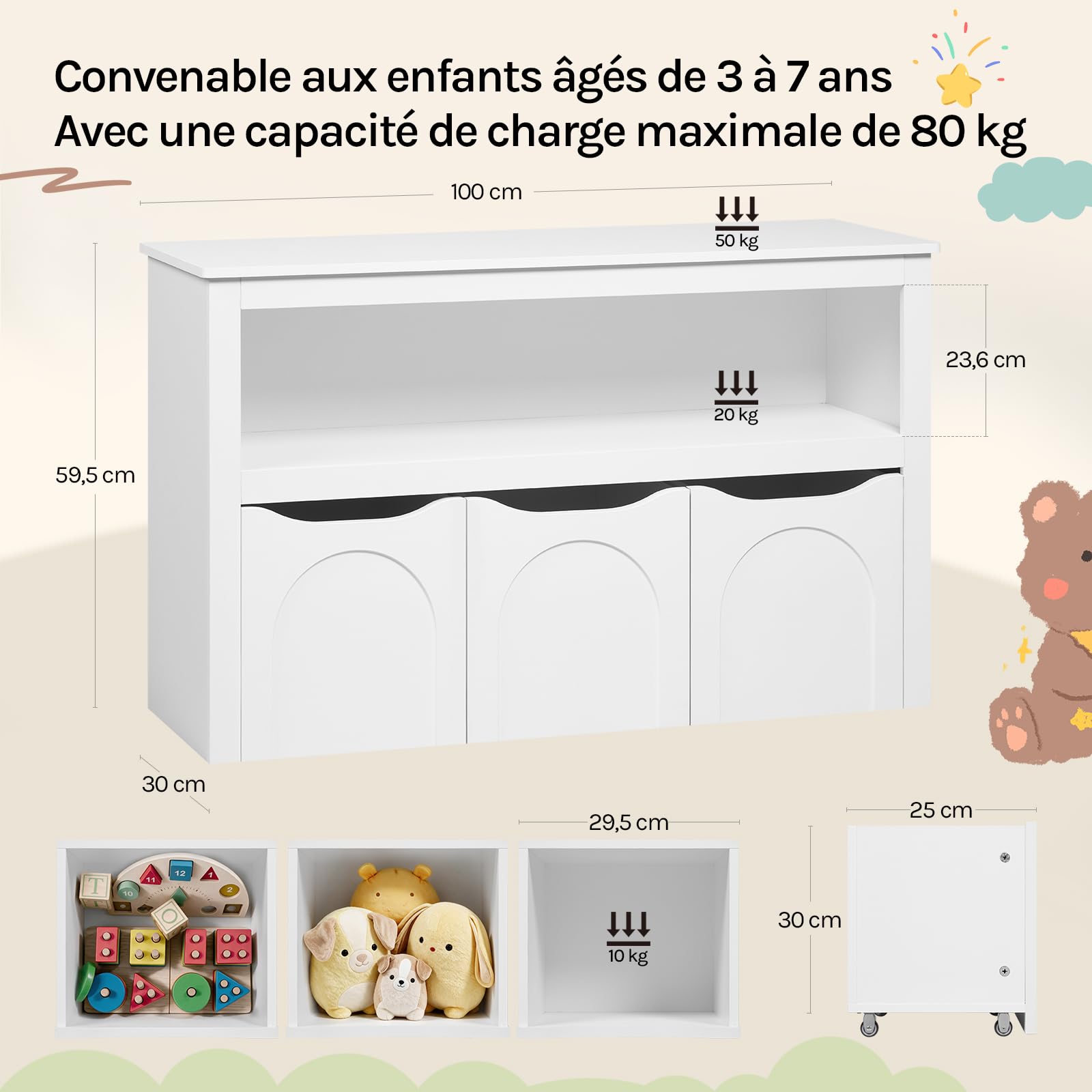 WOLTU Meuble Rangement Enfant, avec 3 Tiroirs Roulants, 1 Casier Ouvert