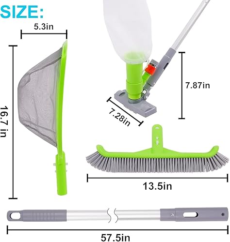 Miniatura 6 de Sepetrel Kit de limpieza de piscina de lujo con aspiradora de hidromasaje, cepillo, red de skimmer semi-profunda y poste ajustable de 57.5 pulgadas,