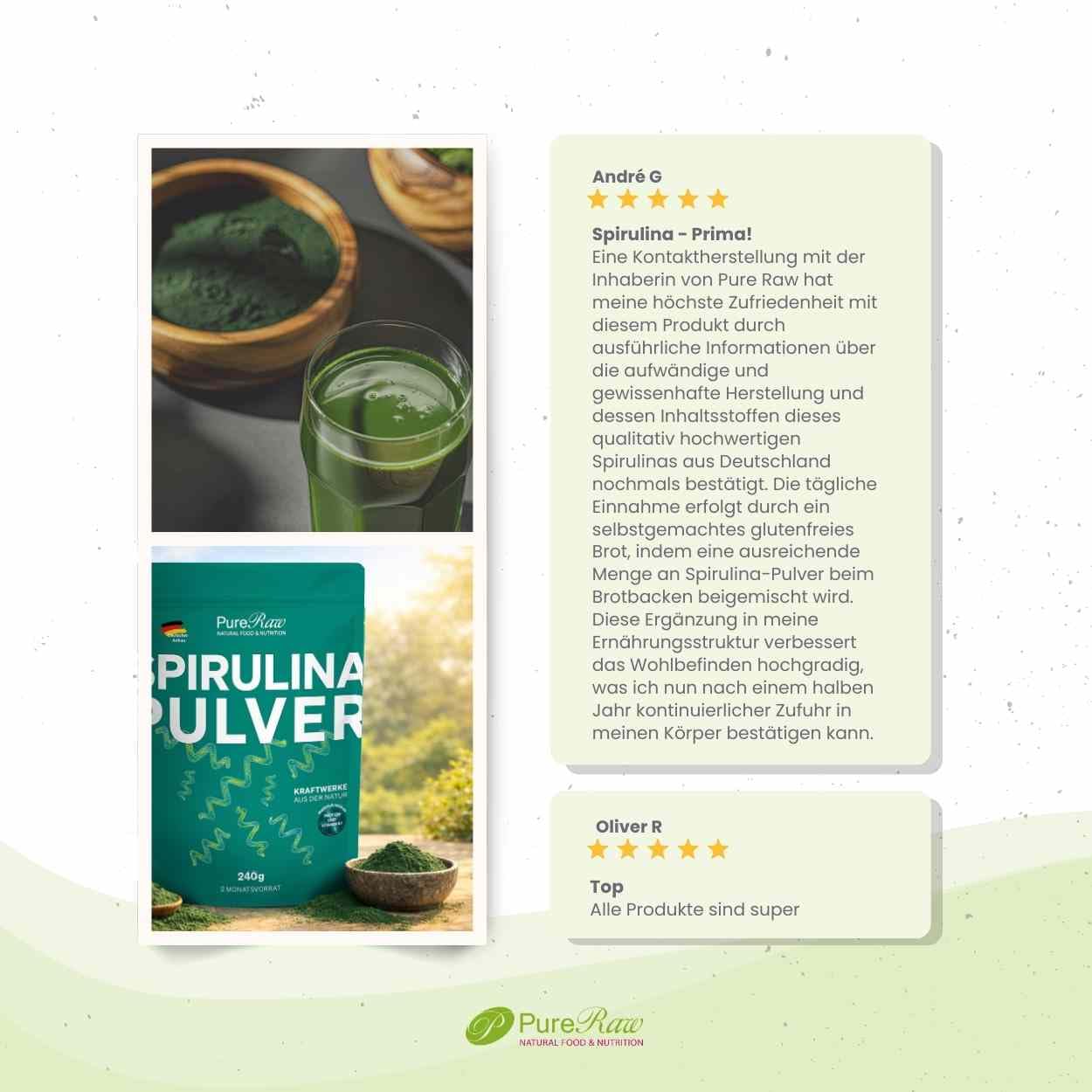 Spirulina Pulver 240 g aus Deutschland – Premium Spirulina Platensis Alge I 100% reine Mikroalge I Rohkostqualität & Vegan I Pflanzliche Proteinquelle I mit Vitamin K1 I Qualitätskontrolliert