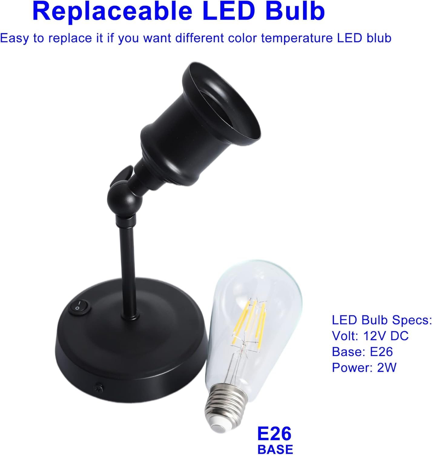 12V LED Wall Sconce Light Fixture with ON/Off Switch, Warm White Reading Lamp with E26 LED Bulb (Included) for RV, Boat, Marine, Motorhome, Caravan