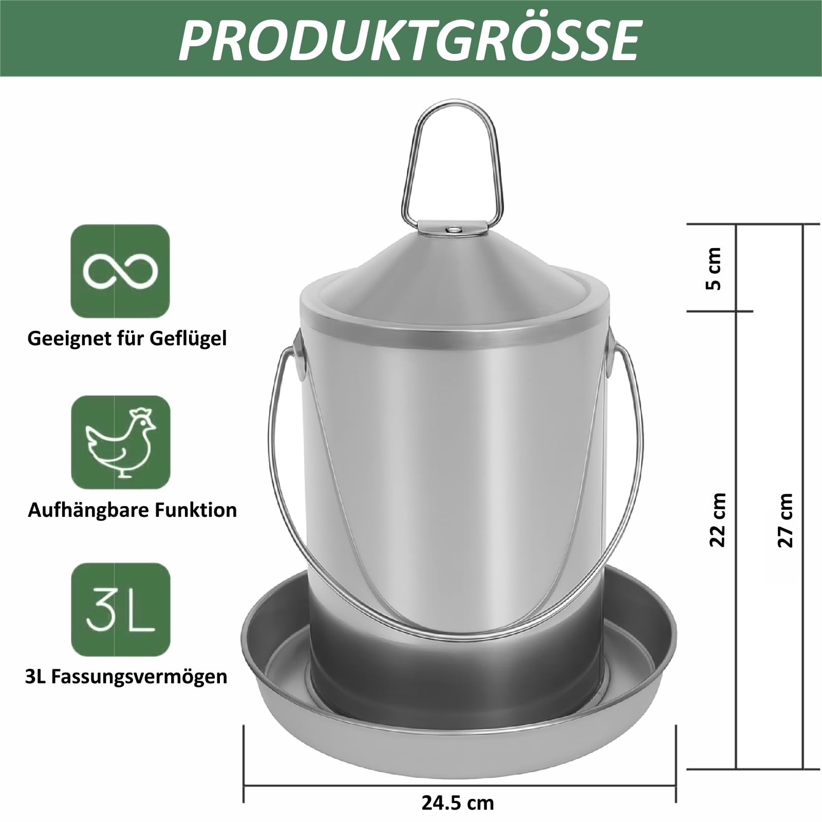 Abreuvoir de Poulet 3 L, Acier Inoxydable 304, sans BPA, Distributeur d'eau pour volaille