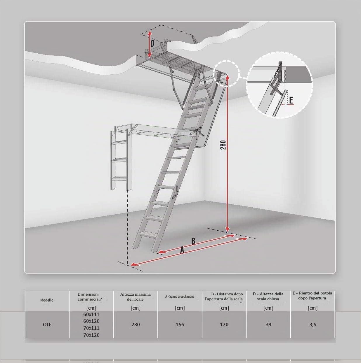 Scala pieghevole in legno a 3 sezioni per soffitta e sottotetto, dimensioni della struttura: larghezza 60 cm x lunghezza 120 cm, altezza fino a 280 cm, portello isolato