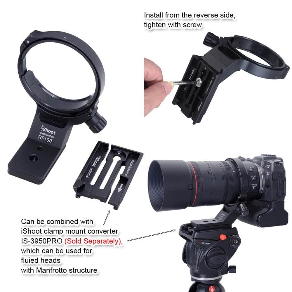 iShoot Objektivhalsband-Stativhalterungsring, kompatibel mit Canon RF 100 mm f/2.8L Makro IS USM, Objektivstütze, Halterung unten ist Arca-Swiss Fit Schnellwechselplatte für