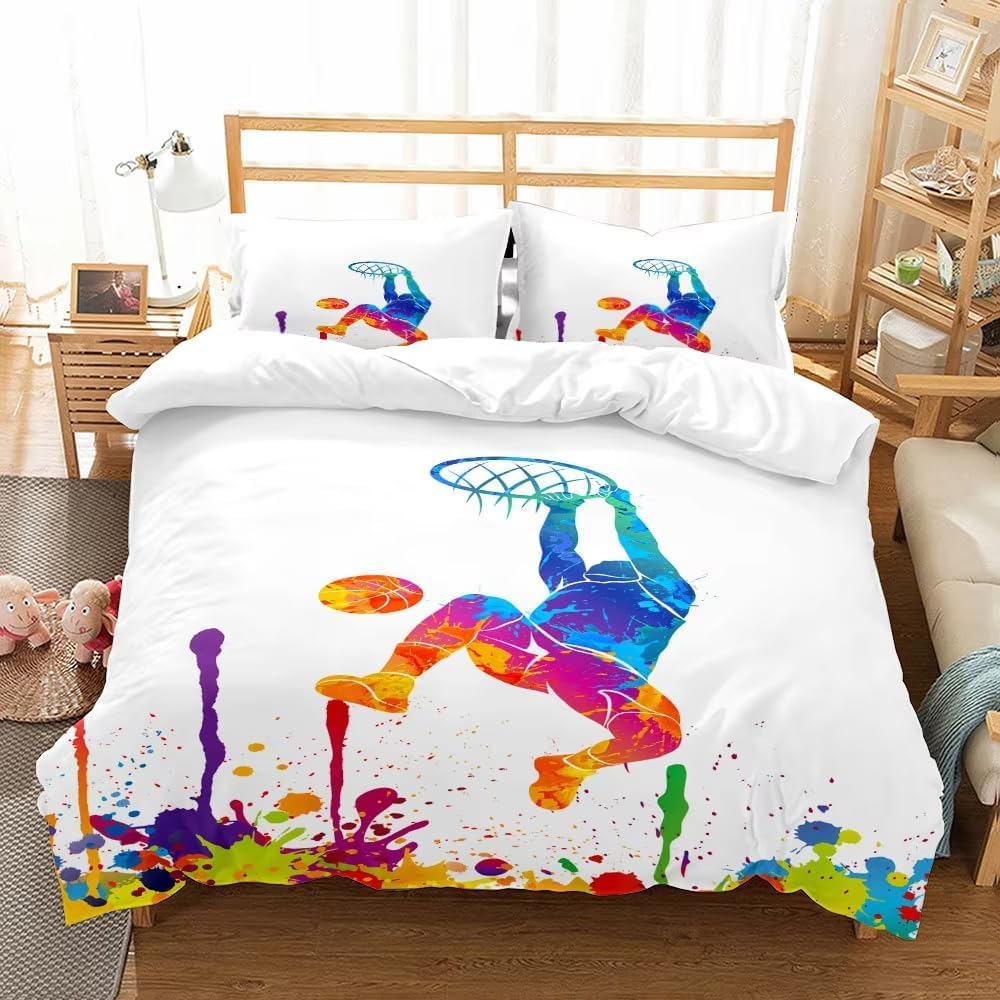 LMMSMGS Double Duvet Set Basketball Double Bed Duvet Cover Set for Kids Aldult with Zipper Closure Hypoallergenic Microfiber Quilt Cover 78.7"x 78.7" + 2 Pillowcases 19.7"x 29.5"