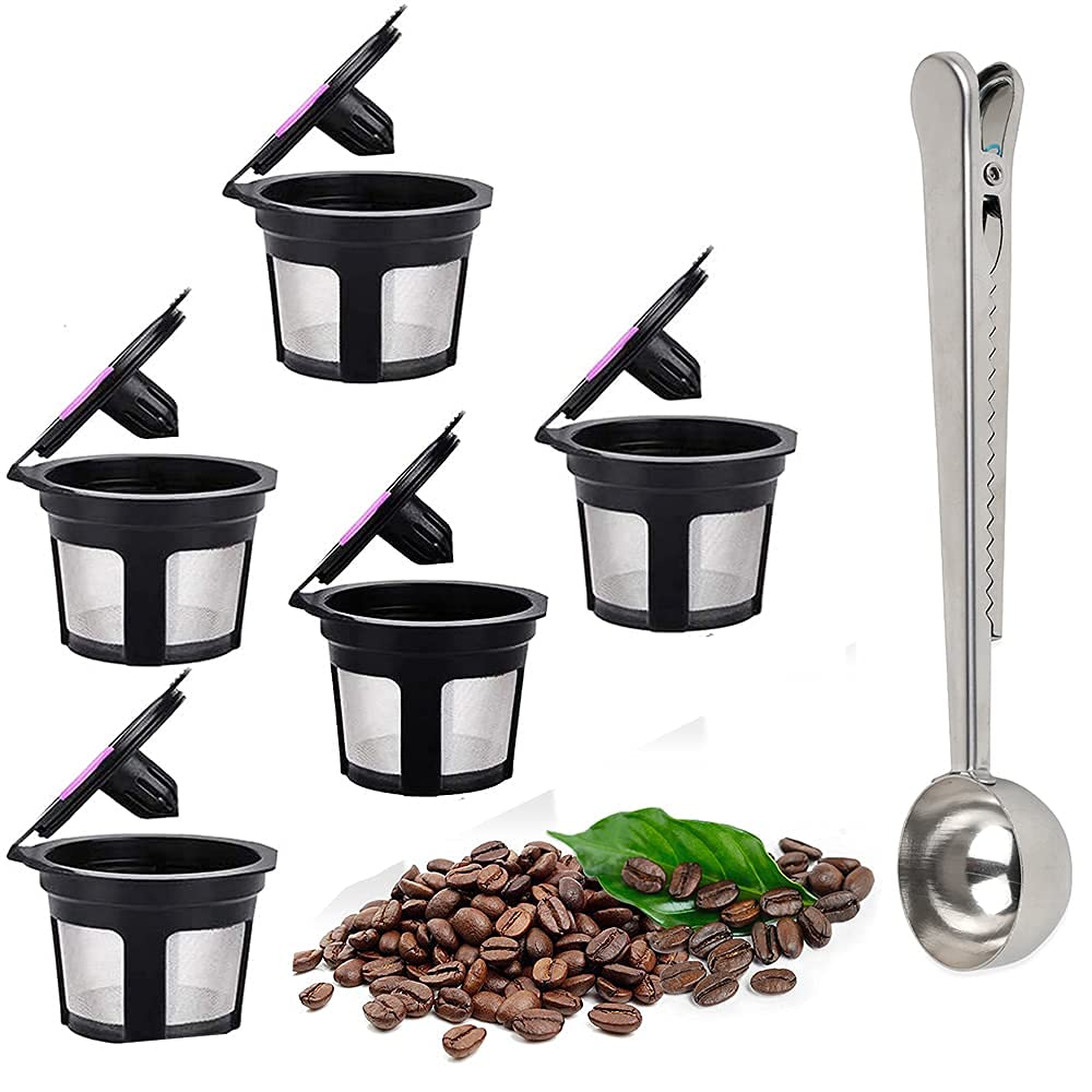 Reusable K Cups Compatible with K Cups Keurig 2.0 and 1.0 Brewers Easy-to-Use Refillable Single-Cup Coffee - Eco-Friendly Stainless Steel Mesh Filter Stainless Steel Coffee Scoop Funnels (Pack of 6)