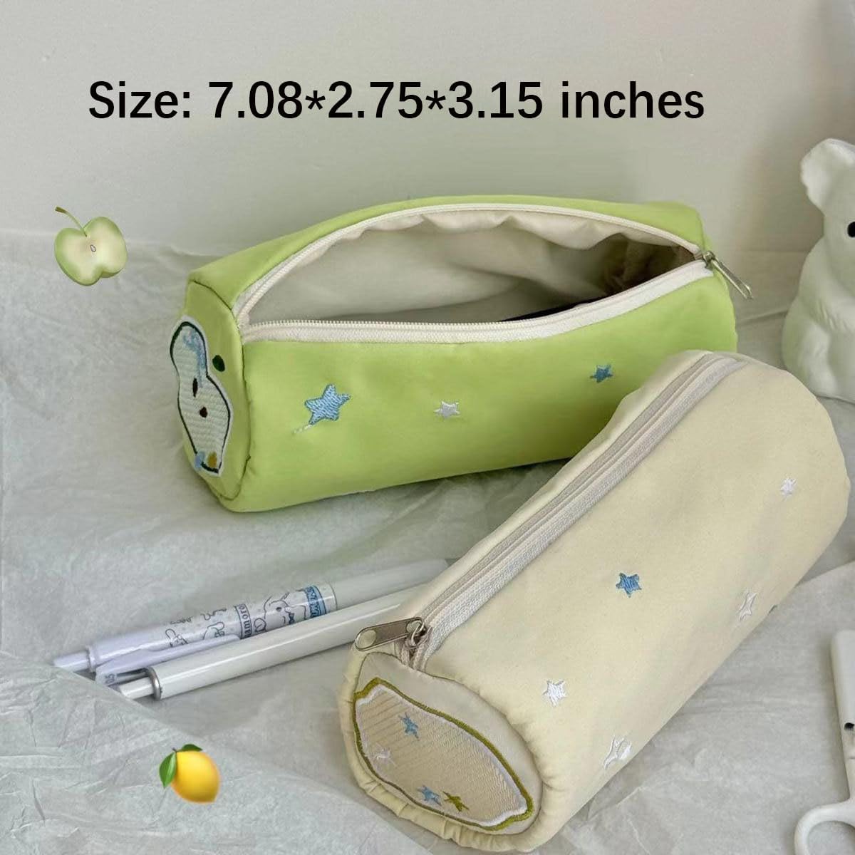 XZR Cute Pen Bag Case Box Colorful Fruit Stocking Stuffers Cute Creative Cartoon Large Capacity Zipper Organizer Storage Bag Box Nice Gift (Green apple)