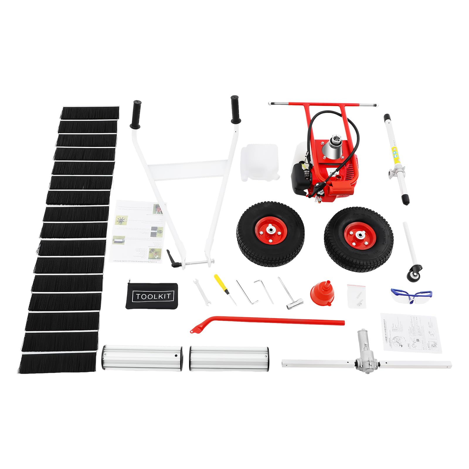 2-Takt Motorbesen Benzin Kehrmaschine, 43CC 8500RPM SchneefräSe Benzin Motor Handschubkehr Maschine Räumgerät Schnee Sweeper Unkraut Entferner Kunstrasen Kehrmaschine mit Schutzbrille