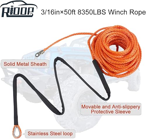 Miniatura 8 de Cuerda de cabrestante sintética, línea de cable de cabrestante de 14 pulgadas x 50 pies 9,500 libras con funda protectora para ATV UTV (naranja)