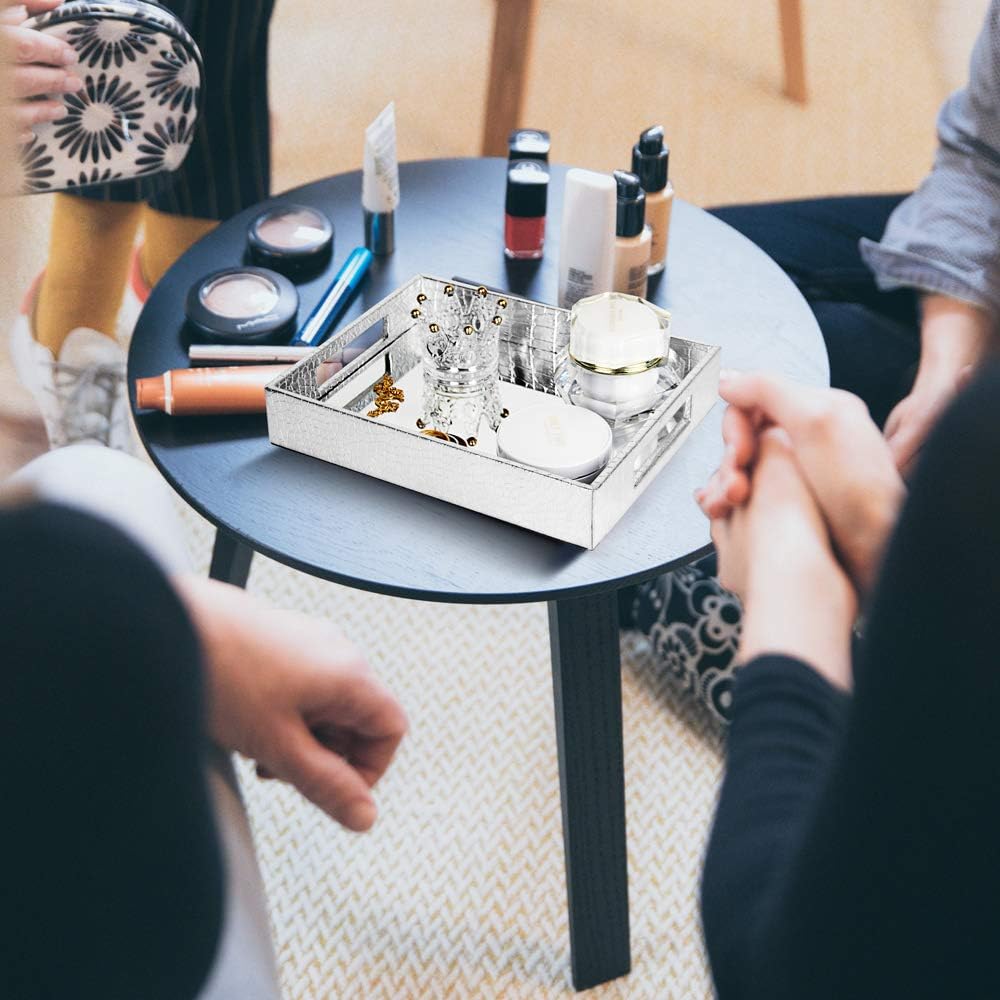 Vixdonos Decorative Mirror Tray,Silver Vanity Tray,Leather Catchall Organizer for Makeup,Perfume and Cosmetic on Dresser or Coffee Table(Small, Silver) - Image 4