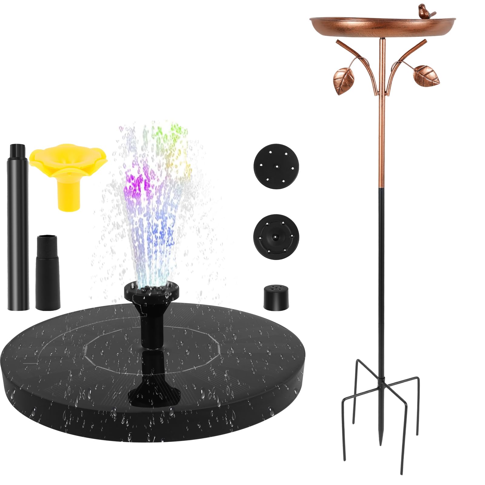 Bain d'oiseaux debout avec fontaine solaire pour extérieur, Φ 30 cm, vintage, en métal, ultra inoxydable, robuste, durable, vintage, résistant au gel, grand pour balcon, jardin