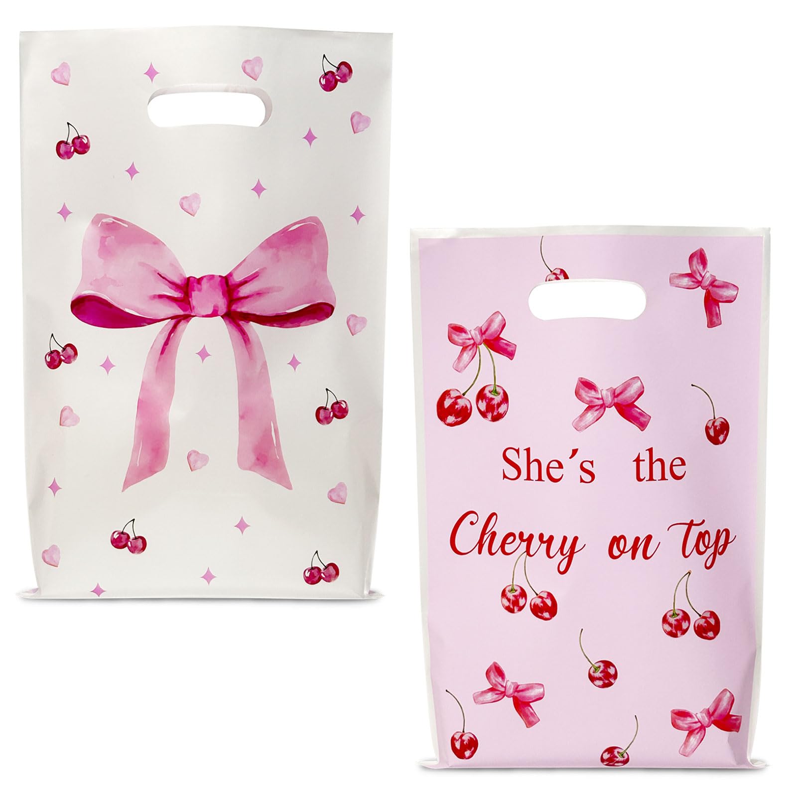 Photo 1 of 30Pcs Cherry Party Favors Bags - Sweet Pink Bow Printing Candy Treat Plastic Bags for Girls Women Birthday Wedding Baby Shower Party Decorations
