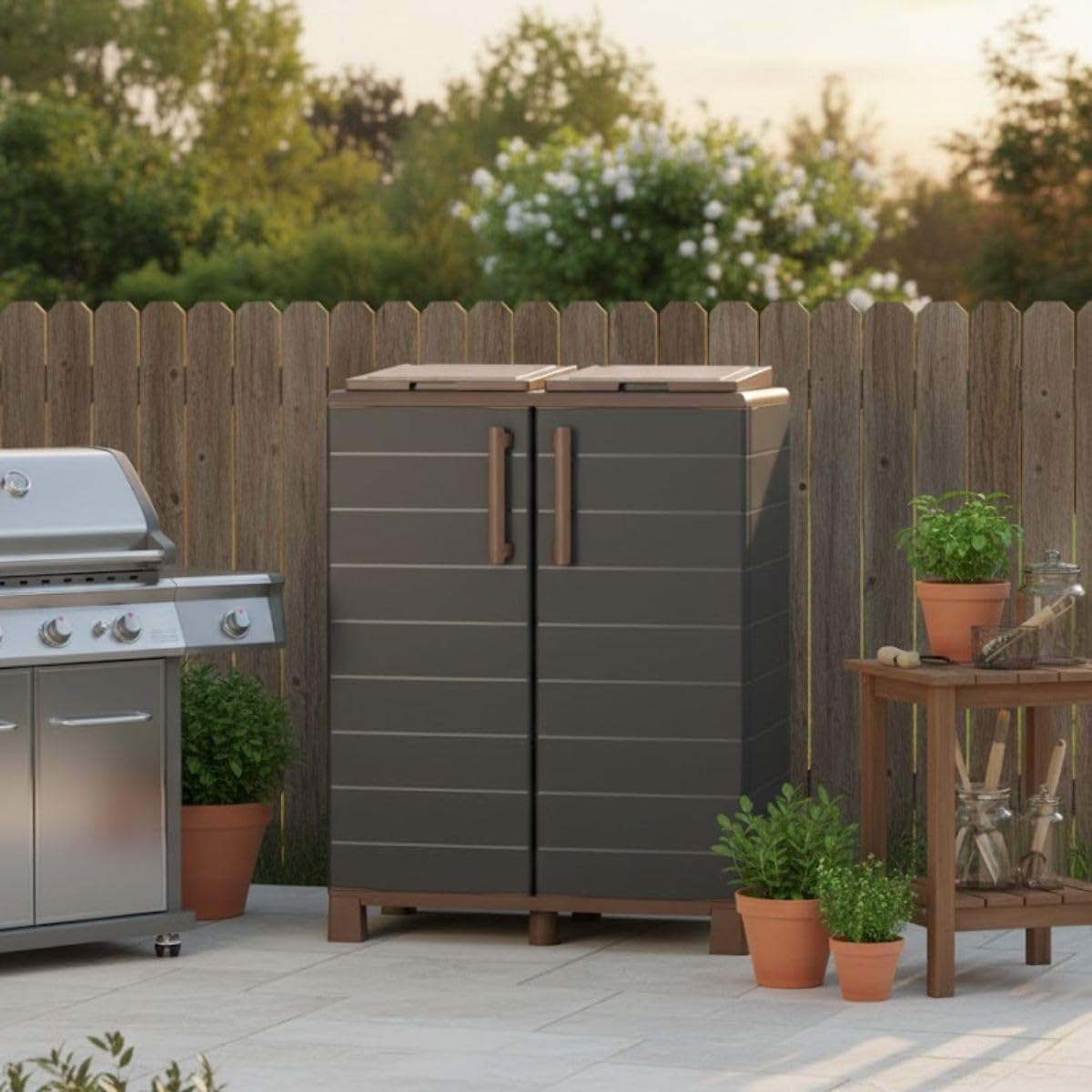 Art Plast - Abri Poubelles 2 Sacs Gris & Marron - Armoire Cache Poubelle de Tri Sélectif 68 x 37 x 90 cm Terrasse, Restaurant