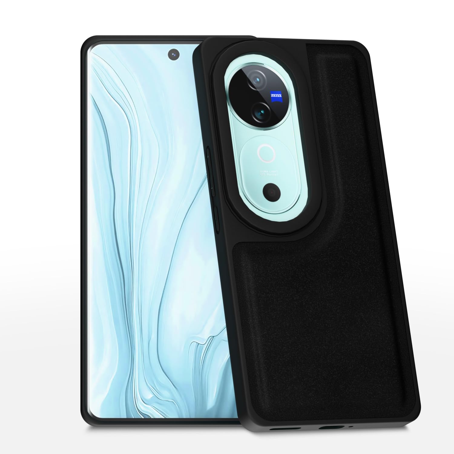 Amazon Basics Back Cover for Vivo V40 5G / V40 Pro 5G / T3 Ultra 5G | Premium PU Leather | Soft Touch Finish | Full Camera Protection | Raised Edge Bumper Case (Black)