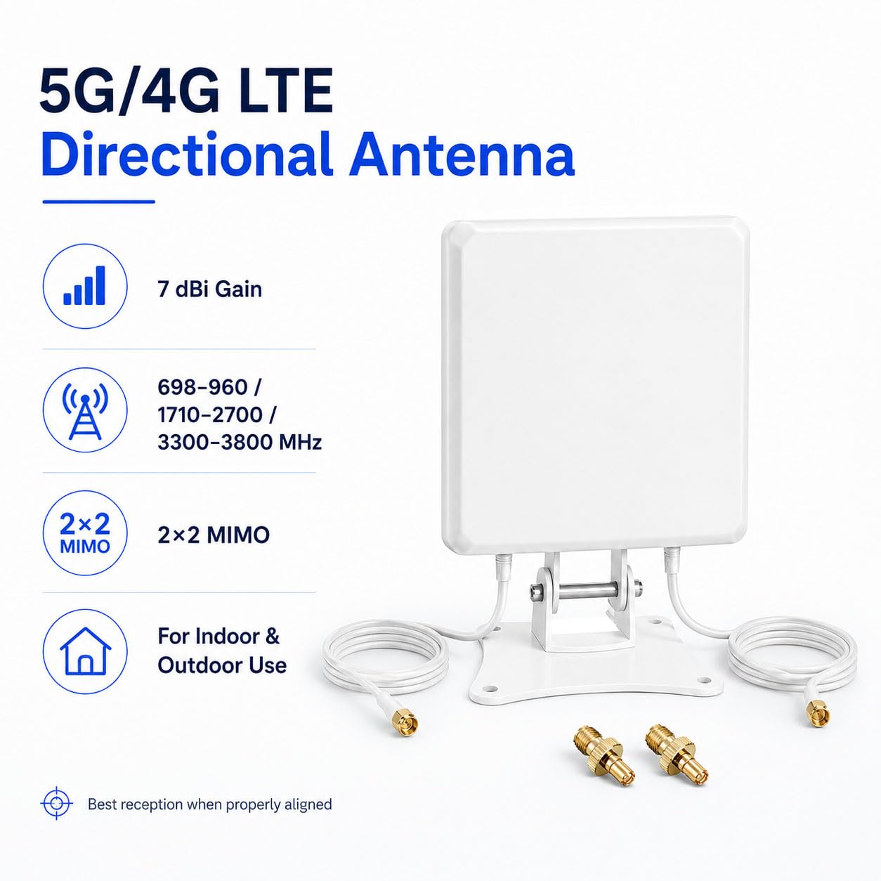 antenna direzionale MIMO dell'antenna di 5G 4G LTE per il router, antenna del pannello 7dBi | 698-3800MHz, 2 cavi SMA, adattatore TS9, supporto da tavolo e montaggio su albero per hotspot, gateway, ufficio, casa, camper