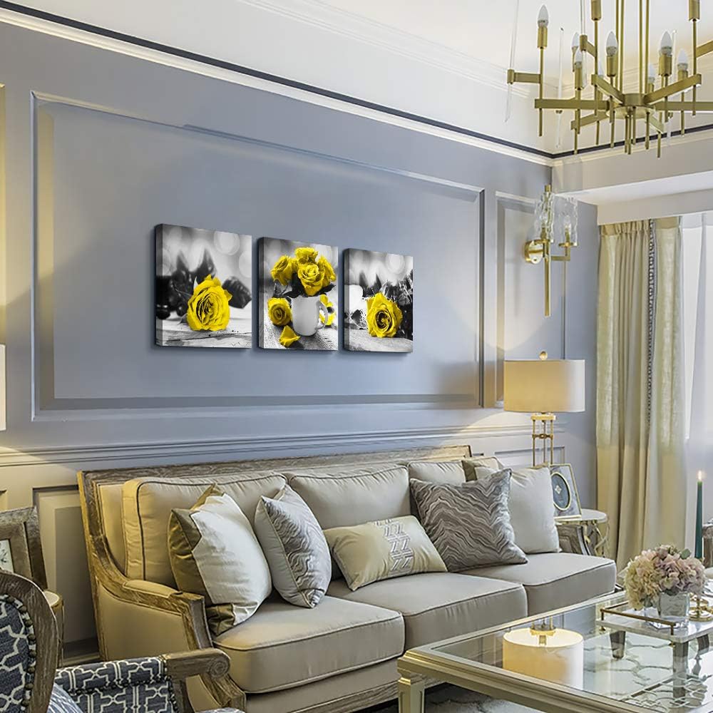 Bеѕt Cуbеr Mоndау 🔥 3 piece Framed Canvas Wall Art for Living Room bathroom Wall decor modern kitchen Wall Artworks for home walls paintings restaurant Bedroom Decoration Yellow rose flowers pictures inspiration posters