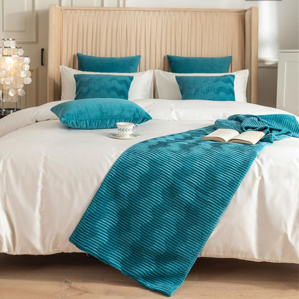 Bettläufer und Kissen Bezug, Bettschal für den Fuß des Bettes Luxus Weicher Bettlaufer Schlafzimmer für Gästehaus Hotel Schlafzimme Dekorativer,Himmelblau,45x240cm(Jacquard-Bettläufer)
