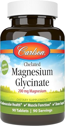 Carlson - Magnesio quelado, 200 mg - Absorción superior, función cardíaca y muscular, soporte óseo, 90 tabletas