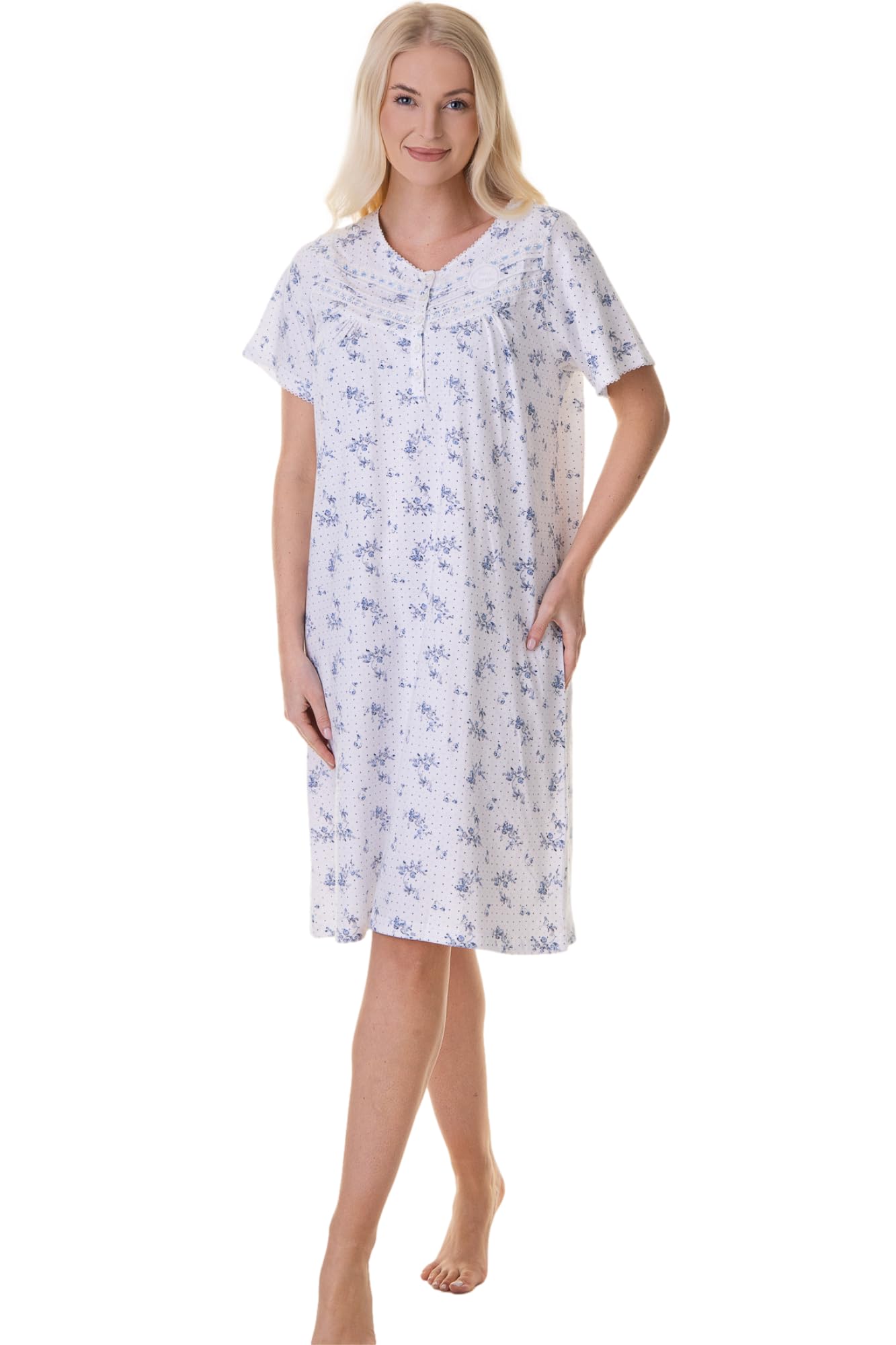 Camille Women's Blue 100% Cotton Short Sleeved Nightie | Knee Length Nightdress | Comfortable & Breathable Traditional Nighty With Buttons | Classic Nightwear With Short Sleeves | 14-16