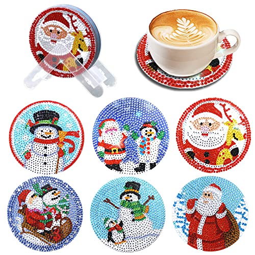 Christmas 5D Diamond Painting Coasters Kits Christmas Diy Coasters With Holder Adults Beginners Holiday Full Drill Round Crystal Painting Craft Set For Tabletop, Dining Table, Office Table, Desk #TOP12