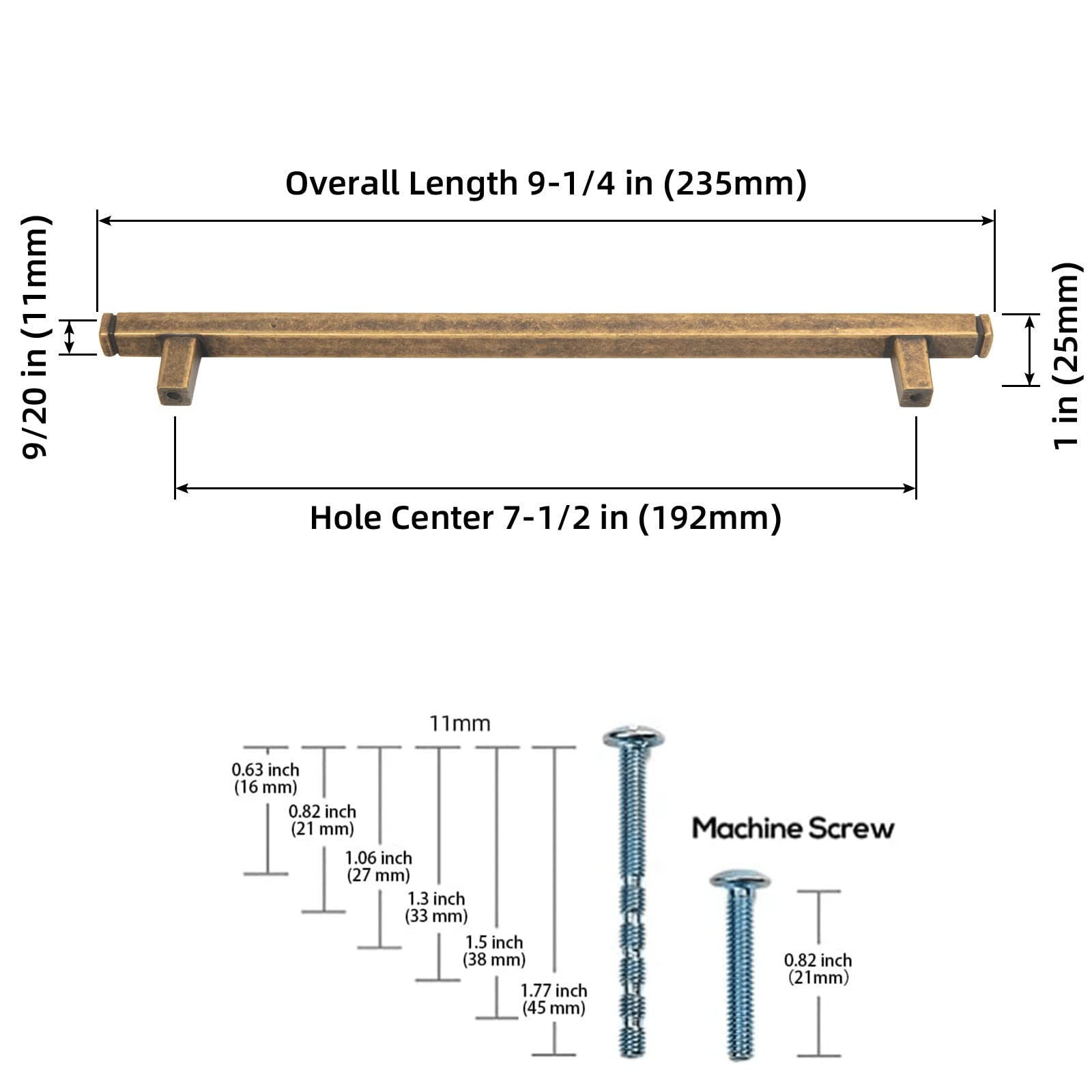Goo-Ki Vintage Brass Drawer Handles 7-1/2 in (192mm) Hole Centers Straight Bar Pull,6-Pack Antique Bronze Solid Cabinet Handles for Kitchen Cabinets and Dresser Drawers 1814-192-GT