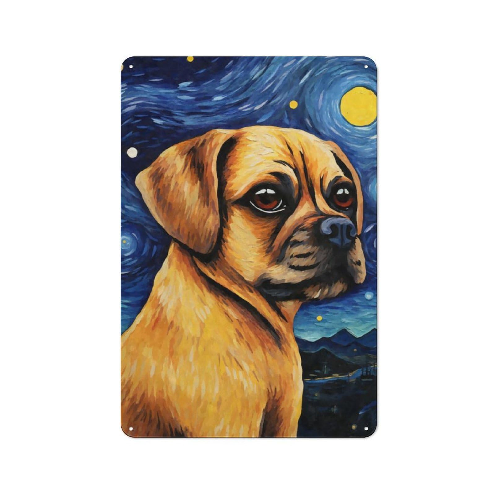 Junmoney Puggle Dog Starry Night Loft Style Metal Wall Sign 30X20cm Featuring Studio Wall Art For Loft, Studio, Office Or Creative Room