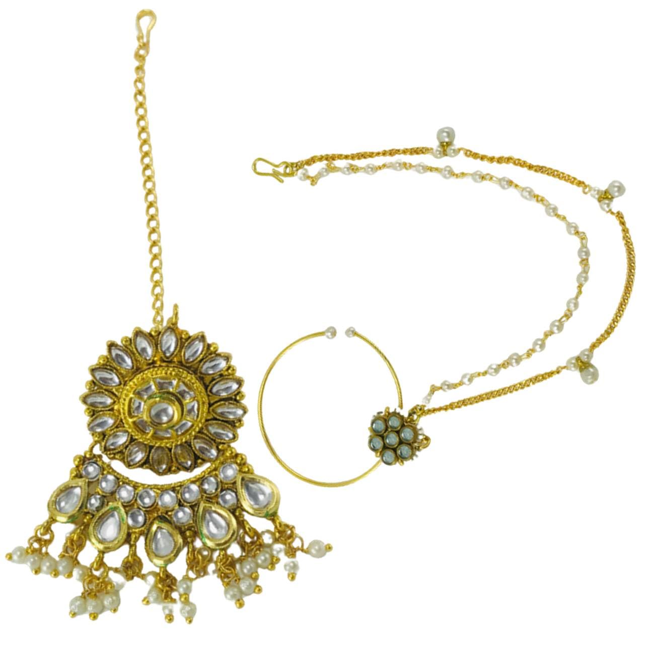 Sattyaki Gold Plated Traditional Rajasthani Nonpiercing Nathiya/Nose Ring with Pearls Chain and Teeka borla in Pearls,Multicolour for Women and Girls (Kundan White Nathiya Borla Combo) (B0CMD6C85R) Amazon Price History, Amazon Price Tracker