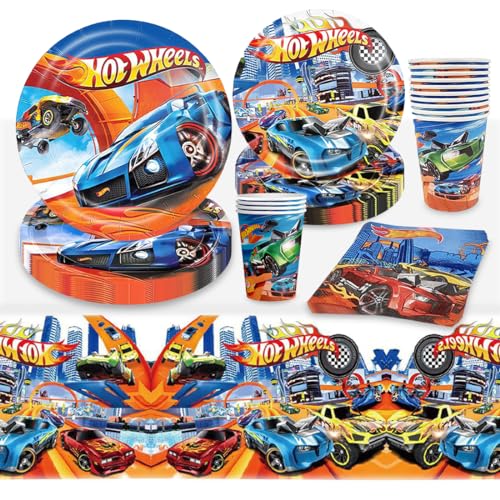 Vajilla Cumpleaños Infantil, 51 Piezas Cars Kit de Platos de Cumpleaños- 10 Platos de 7', 10 Platos de 9', 10 Tazas, 20 Servilletas, 1 Manteles, Juego de Vajilla de Fiesta de Cumpleaños