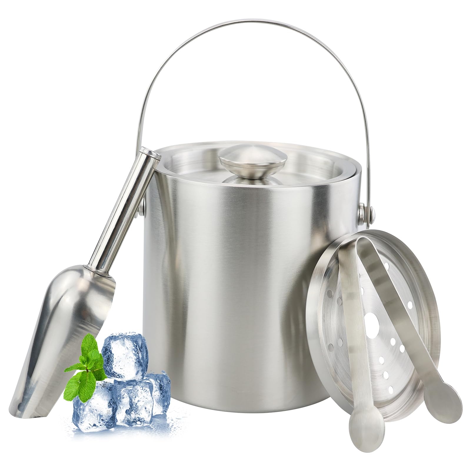 Cubiteras Acero Inoxidable, 2L Cubo de Hielo con Pinza y Tapa, Cubiteras para Hielo con Aislamiento de Doble, para Enfriador