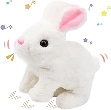 PUJI Hopping Rabbit Interactive Electronic Pet Plush Bunny Toy with Sounds and Movements Animated Walking Wiggle Ears Twitch Nose Gift for Toddlers Birthday, White