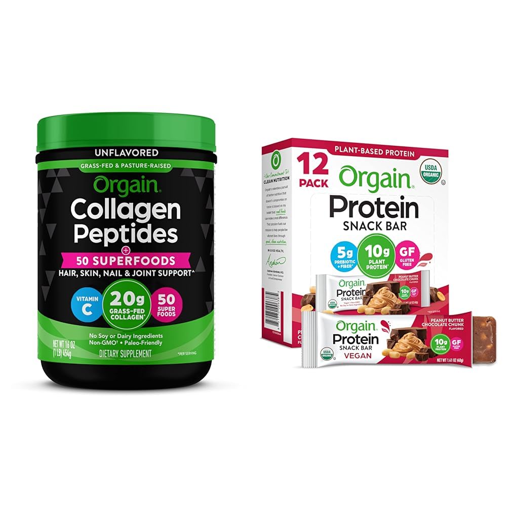 Orgain Hydrolyzed Collagen Powder + 50 Organic Superfoods 20g Grass Fed Collagen Organic Vegan Protein Bars, Peanut Butter Chocolate Chunk - 10g Plant Based Pro
