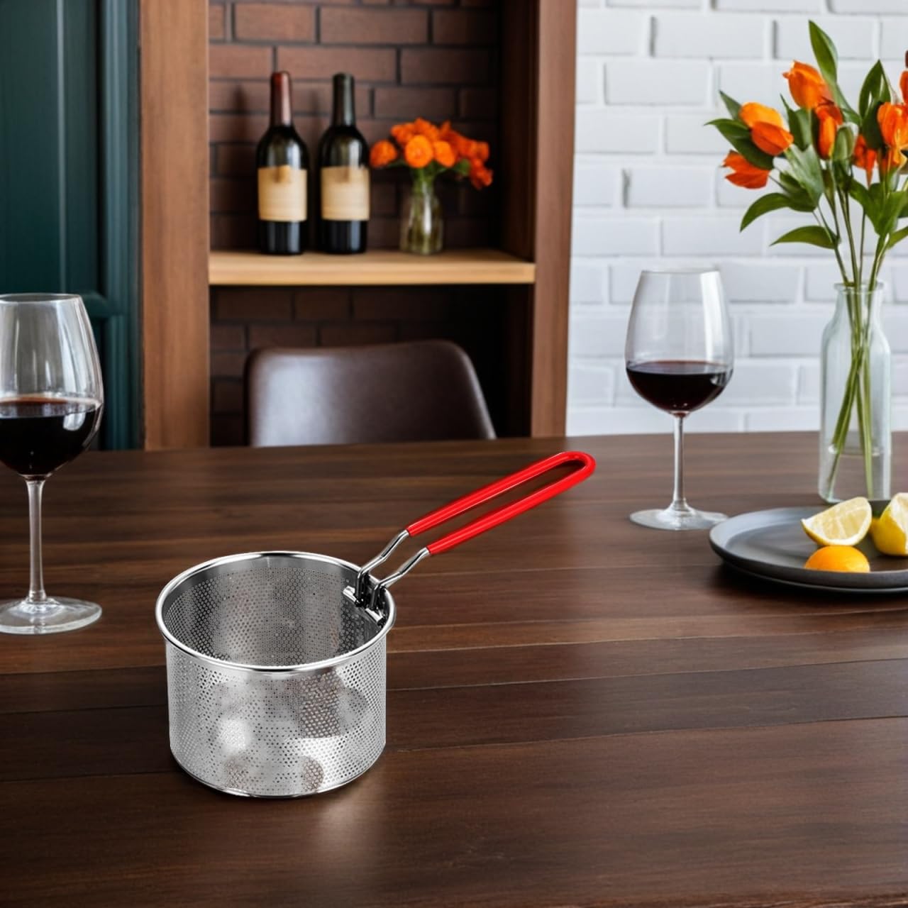 CALLARON Cesta redonda de acero inoxidable para freír, malla de alambre francés, canastas para freír alimentos, vajilla con asa para cocina, freír, pasta, espaguetis, 14 cm