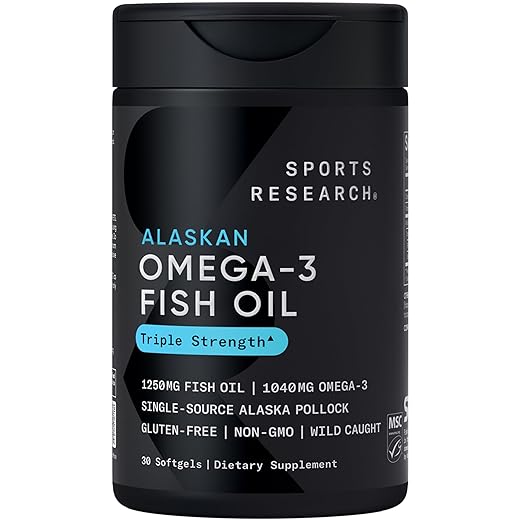 Sports Research Triple Strength Omega 3 Fish Oil 1250mg from Wild Alaska Pollock - Burpless Fish Oil Supplement with Omega3s EPA & DHA - Sustainably Sourced, Non-GMO, Gluten Free - 30 Softgels